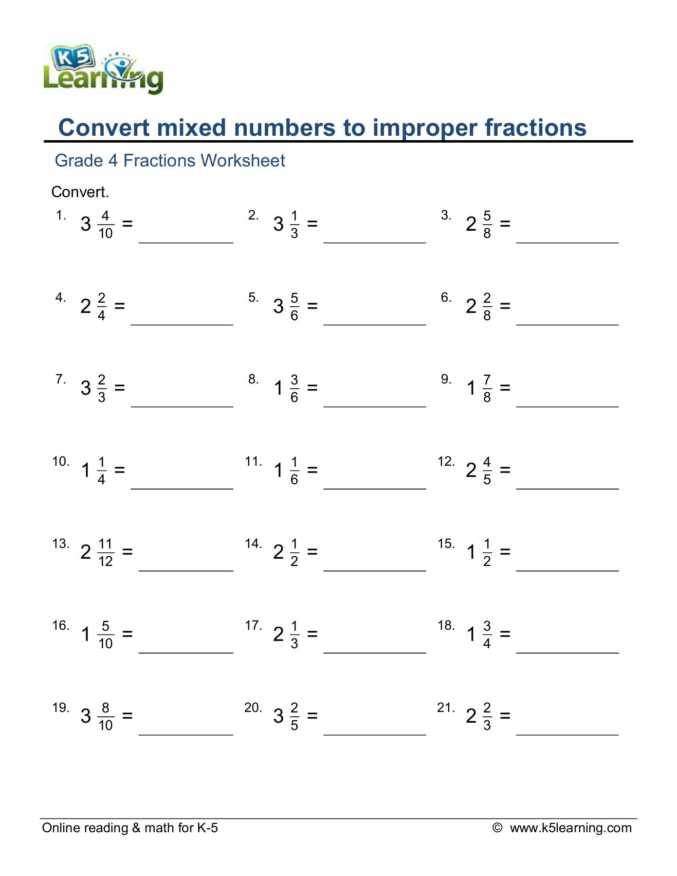 Rename Fractions And Mixed Numbers Worksheet