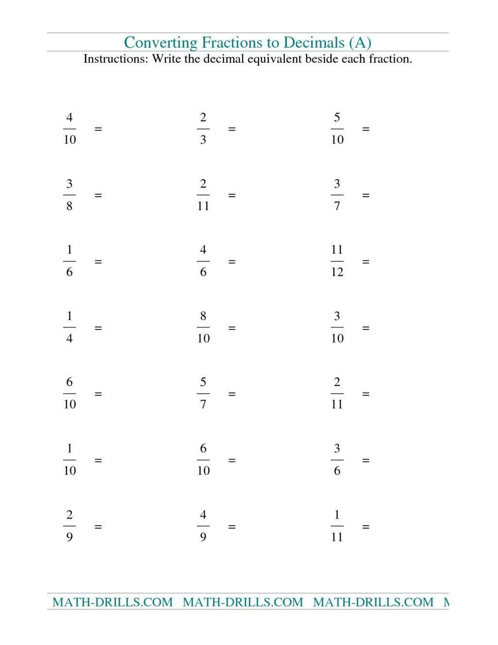 Write Repeating Decimals As Fractions Worksheet