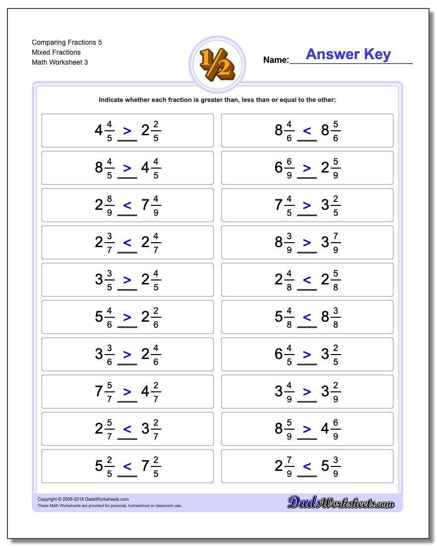 Comparing Fractions And Mixed Numbers Worksheet