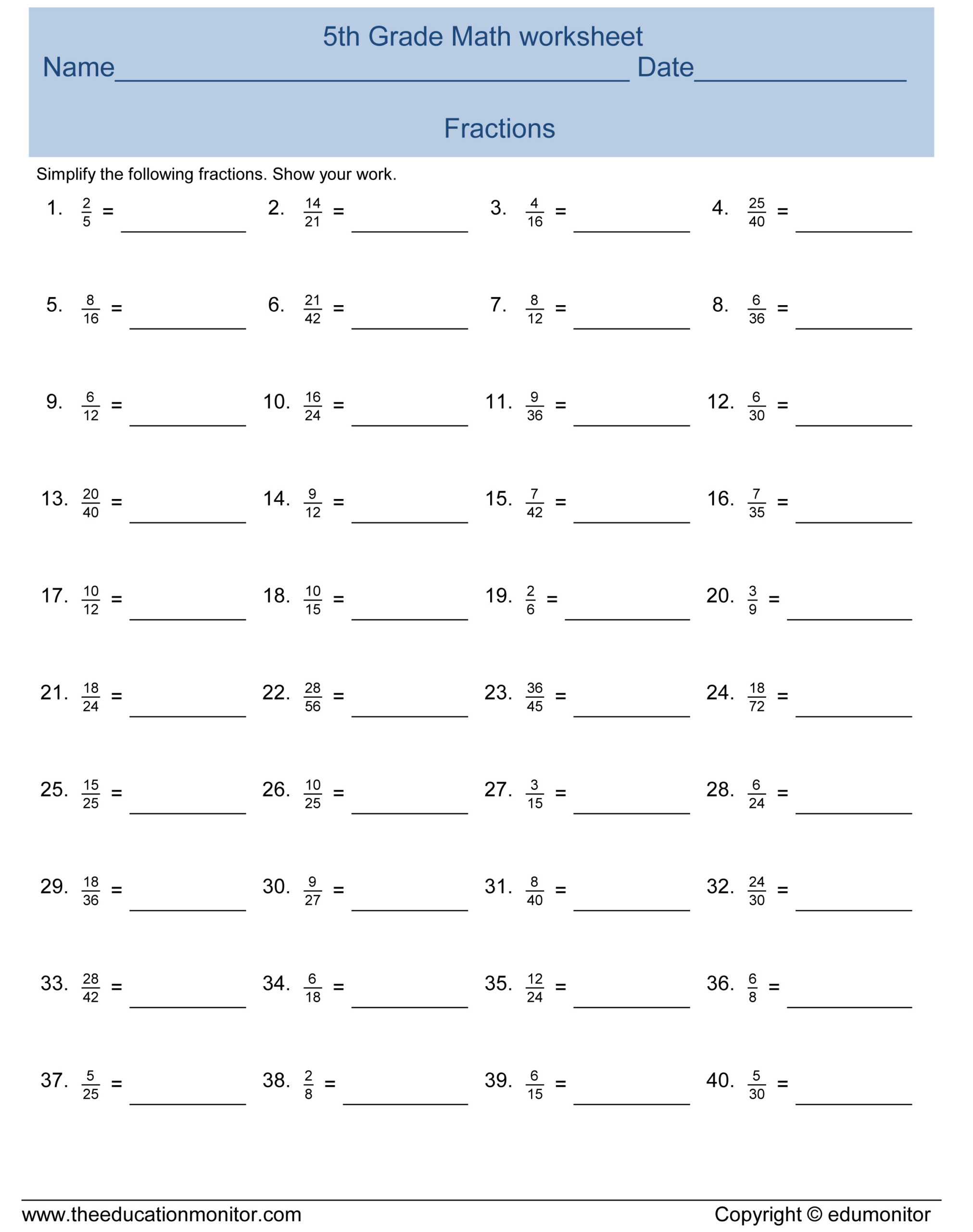 5th Grade Simplifying Fractions Worksheet