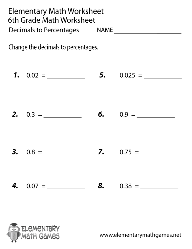 Sixth Grade Decimals To Percentages Worksheet