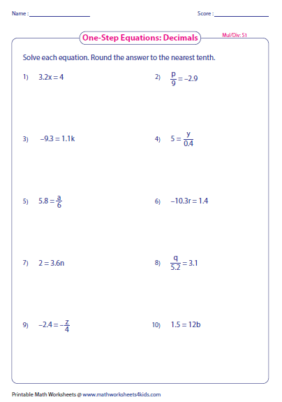 Solving One Step Equations With Decimals Worksheet Tessshebaylo