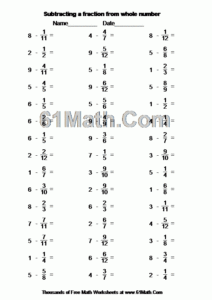 Subtracting A Fraction From Whole Number Create Your Own Math Worksheets