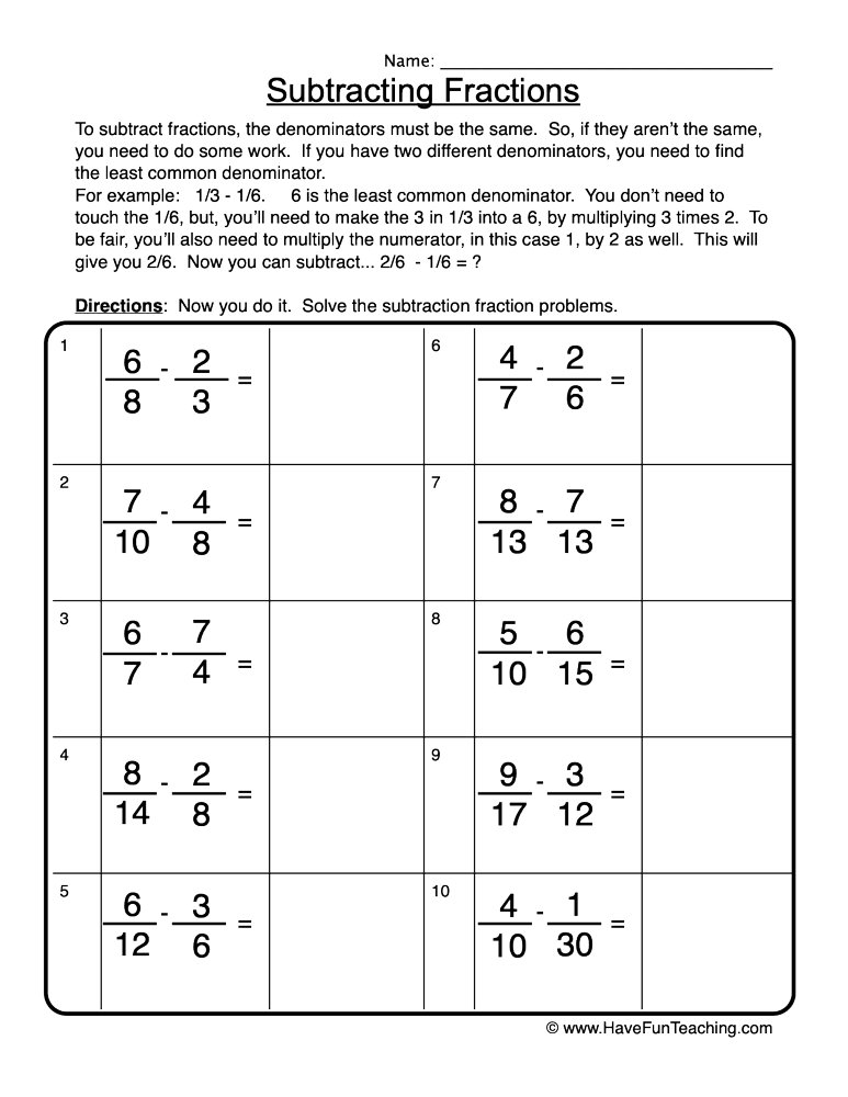 Subtraction Of Fractions With Different Denominators Worksheets