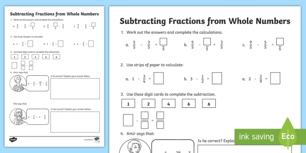 Subtracting Fractions From Whole Numbers Worksheet