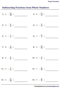 Subtracting Fractions From Whole Numbers Worksheets Subtracting