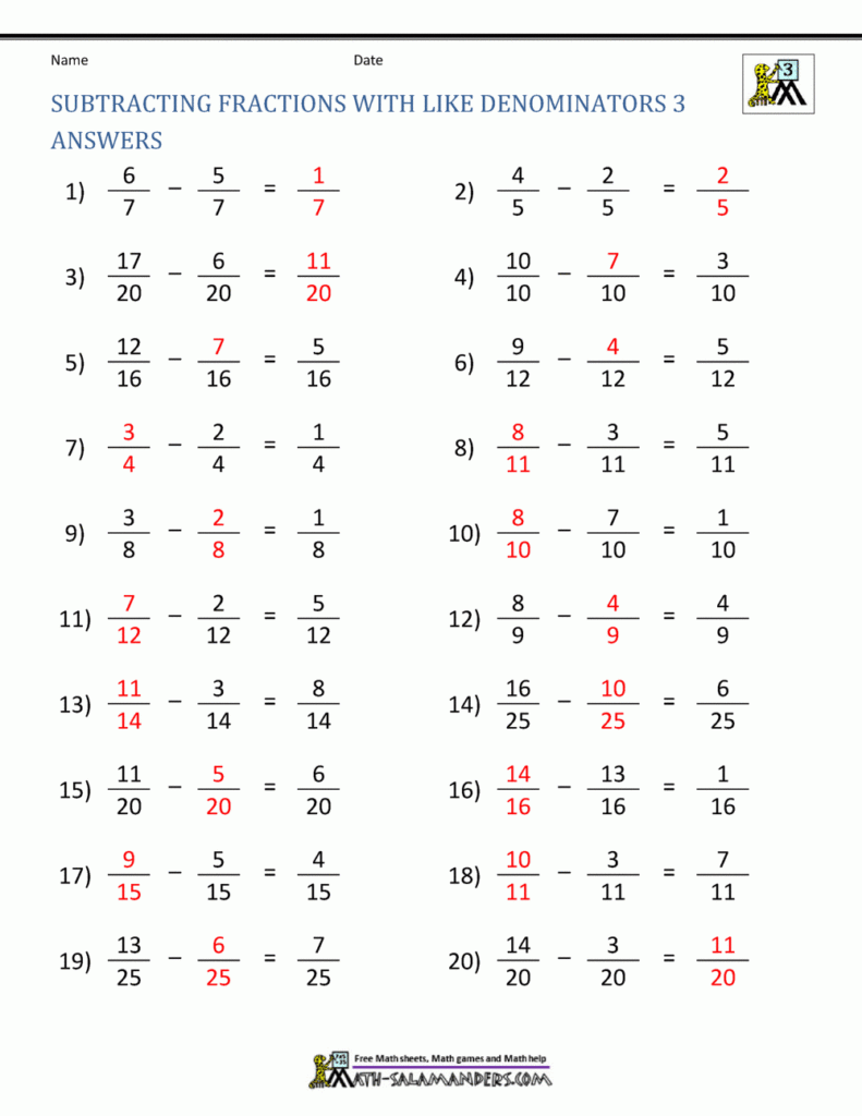 Subtracting Fractions With Borrowing Worksheets Fraction Worksheets 