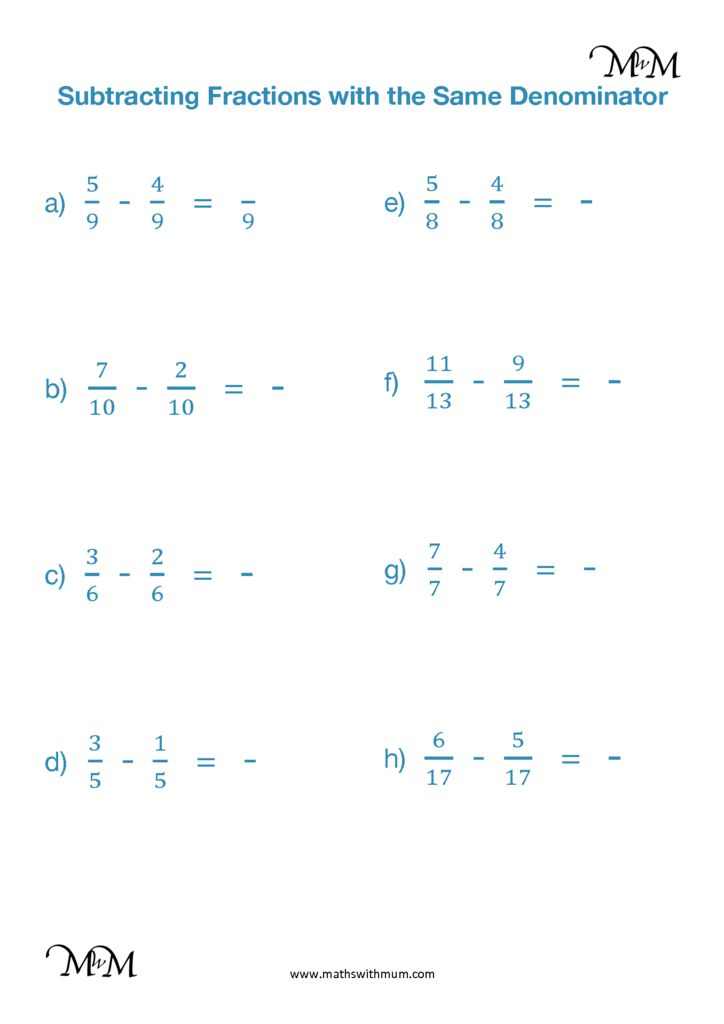 Subtracting Fractions With Common Denominators Worksheets