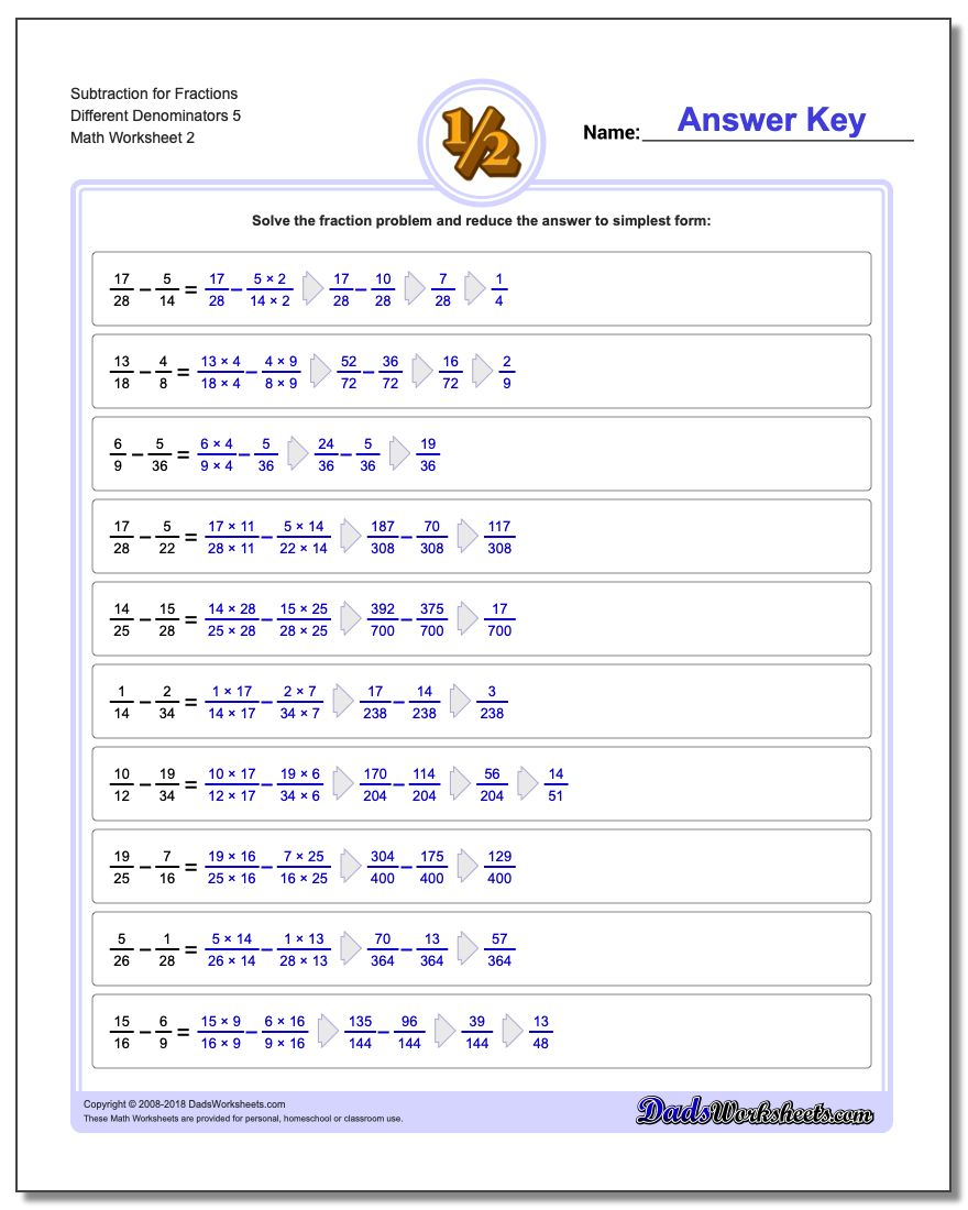 Subtracting Fractions 5th Grade Worksheet