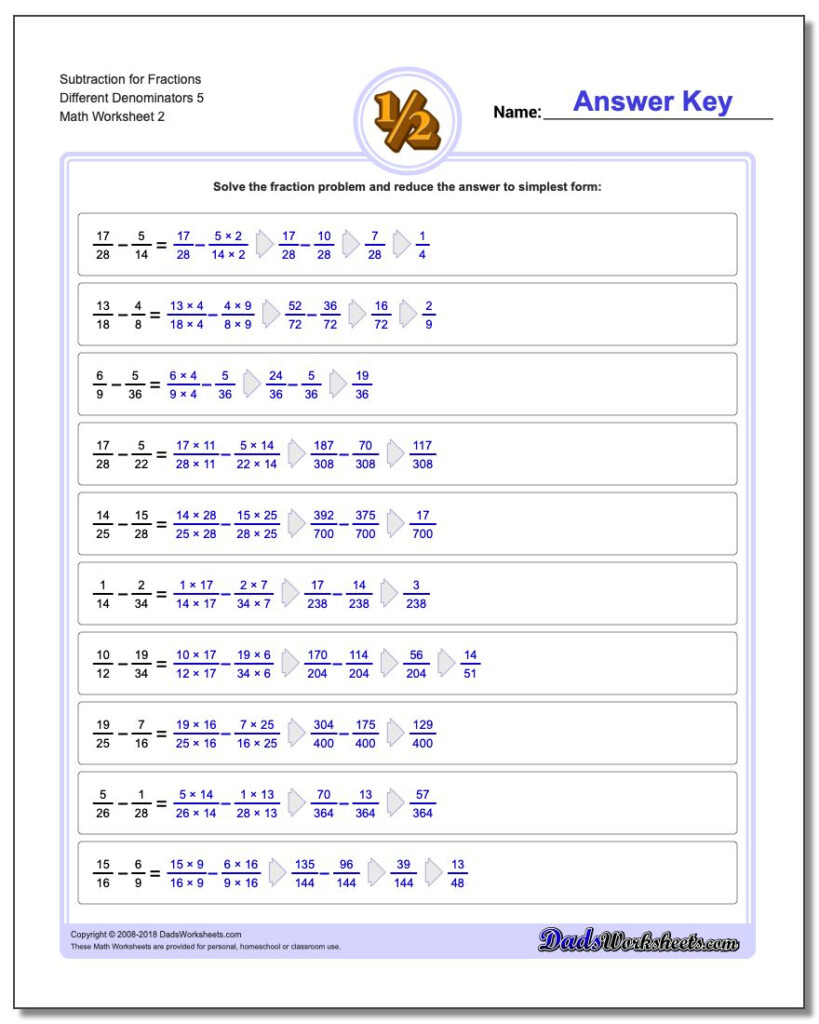 Subtracting Fractions With Different Denominators Worksheets 5th Grade 