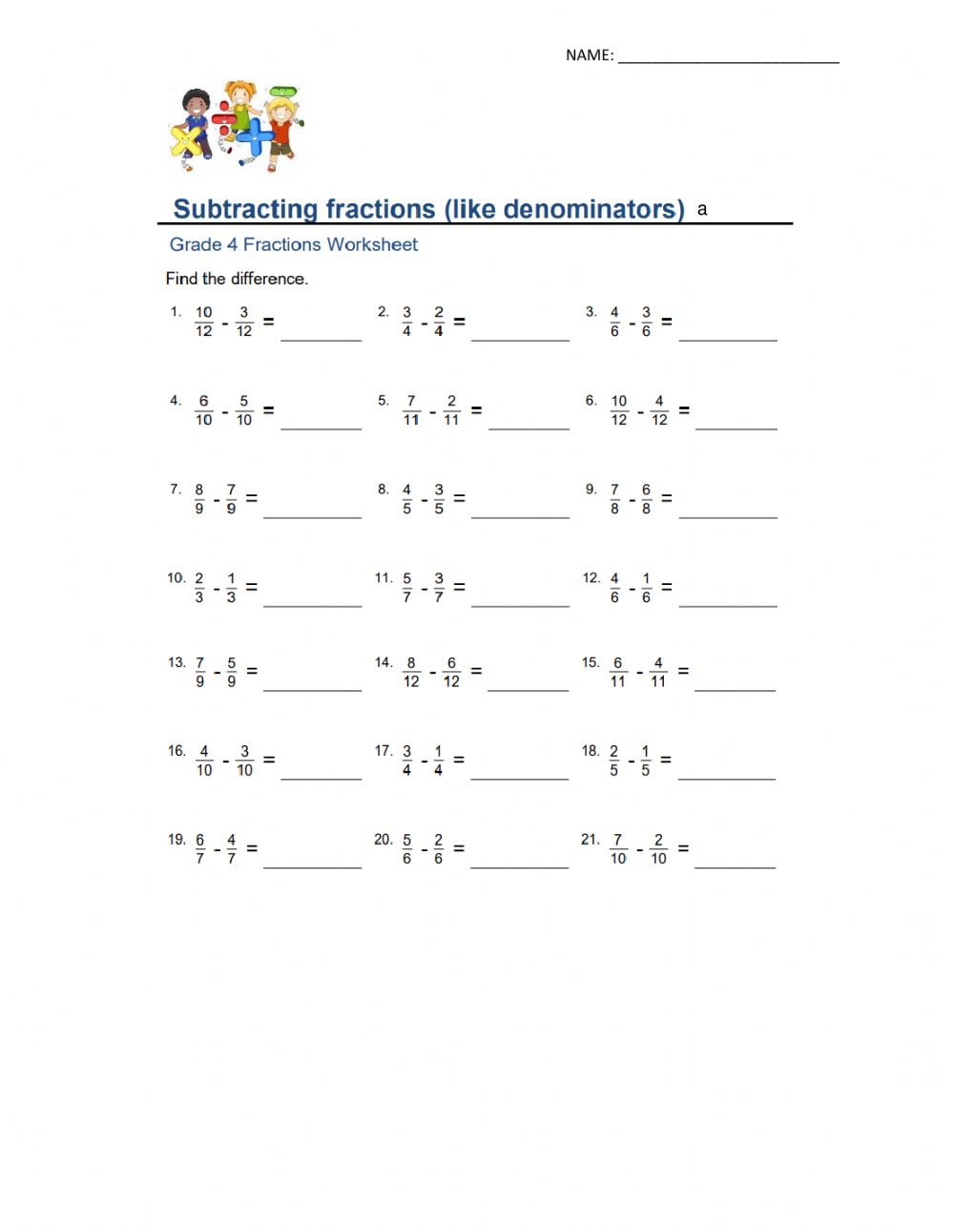 Subtracting Fractions Worksheets With Like Denominators