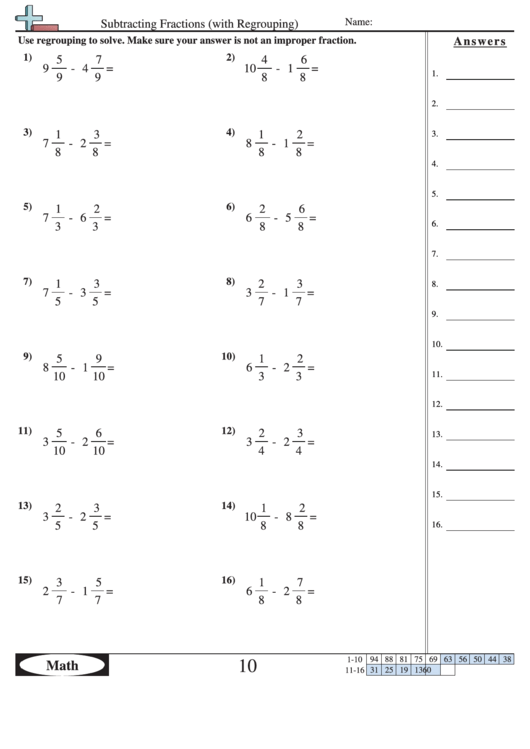 Subtracting Fractions Regrouping Worksheets