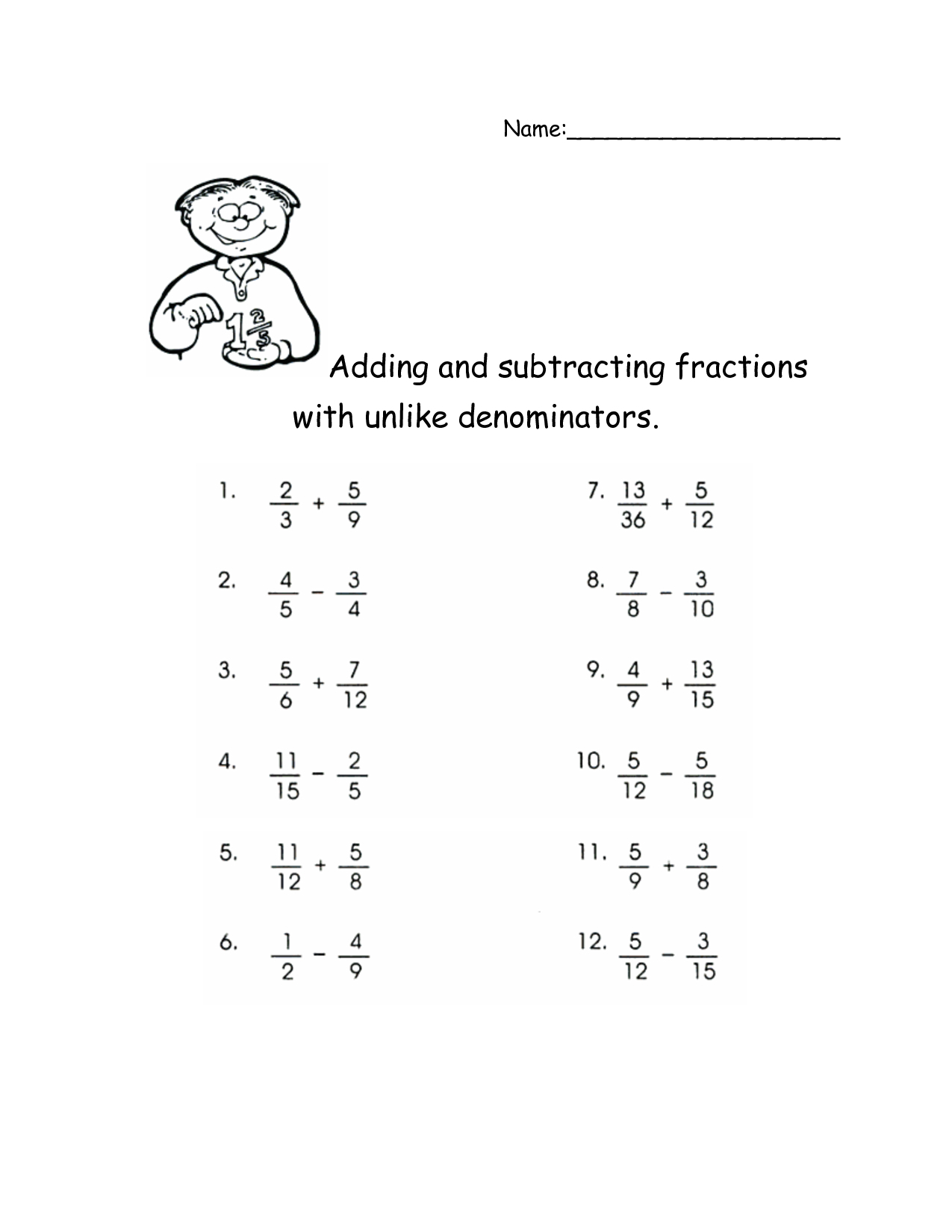 Subtracting Fractions With Unlike Denominators Worksheet Pdf