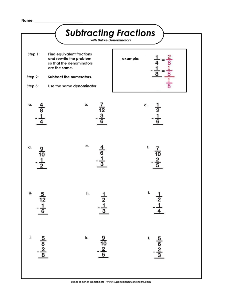 Subtracting Fractions With Unlike Denominators Fractions Worksheets 