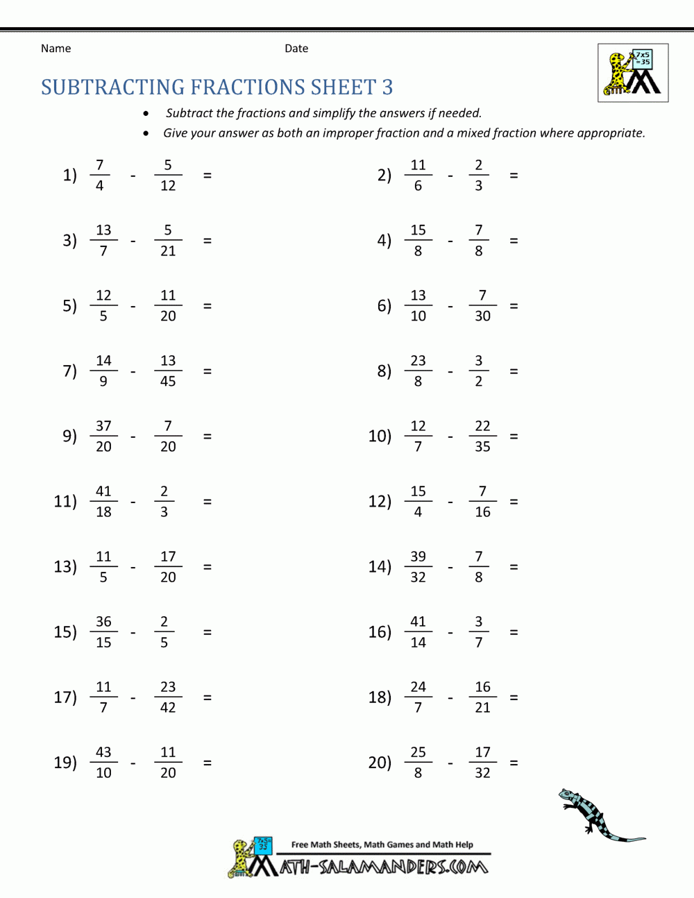 Subtracting Fractions With Unlike Denominators Worksheets