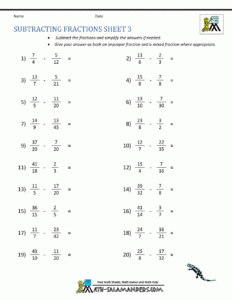 Subtracting Fractions With Unlike Denominators Worksheet Answers