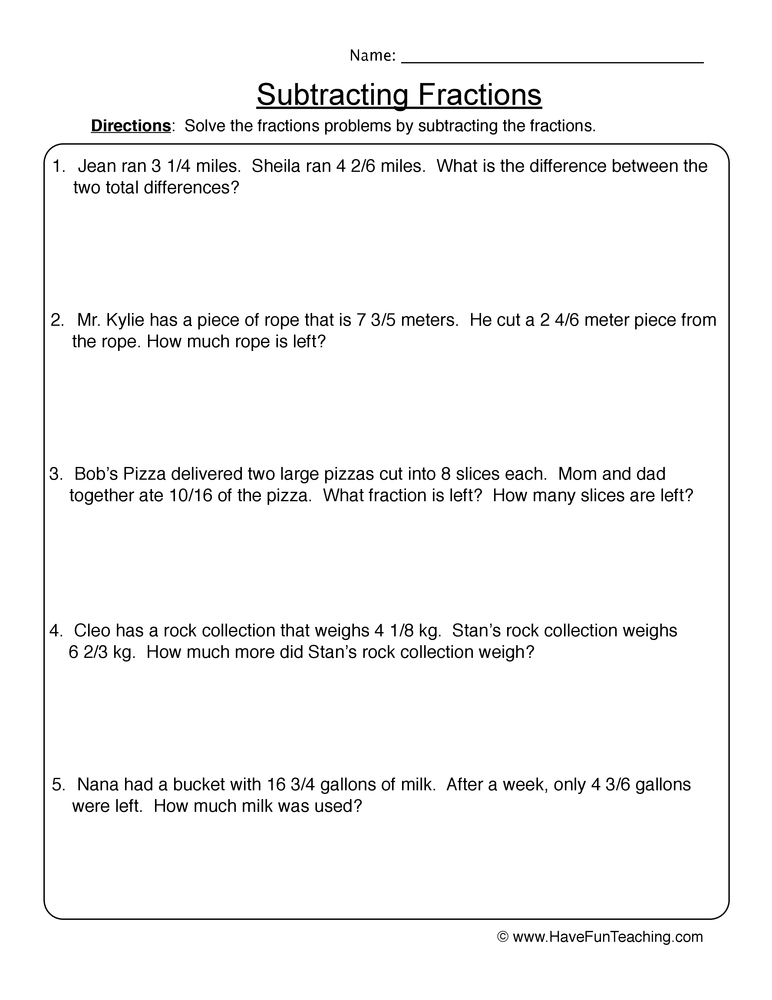 Subtracting Fractions Word Problems Worksheet