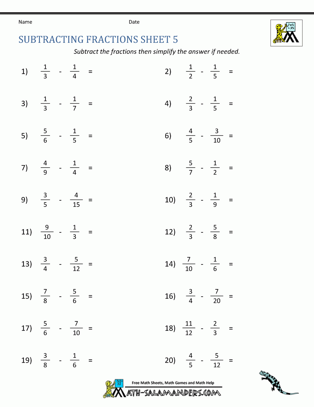 Subtraction Fractions Worksheets