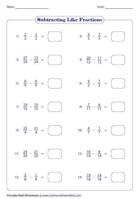 Subtracting Similar Fractions Worksheets