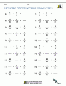 Subtracting Fractions Worksheets