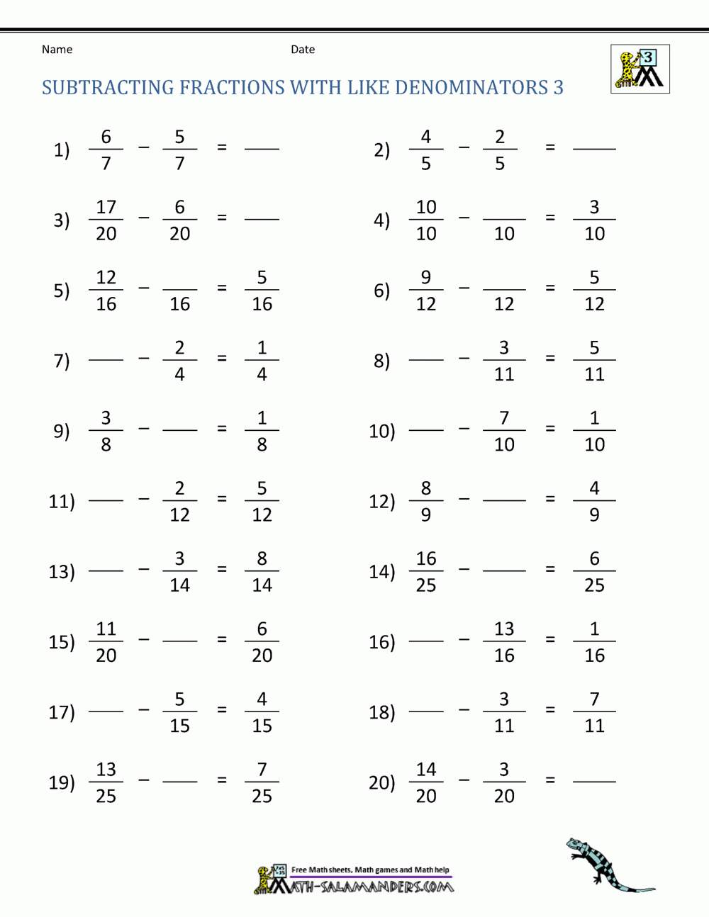 Subtracting Fractions Like Denominators Worksheet