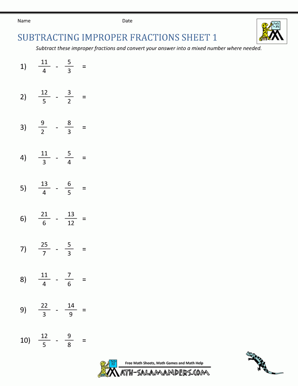 Subtracting Improper Fractions Worksheet