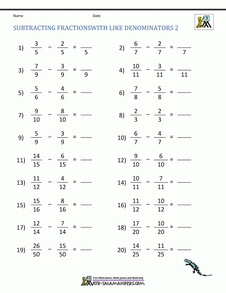 Subtracting Fractions Worksheets