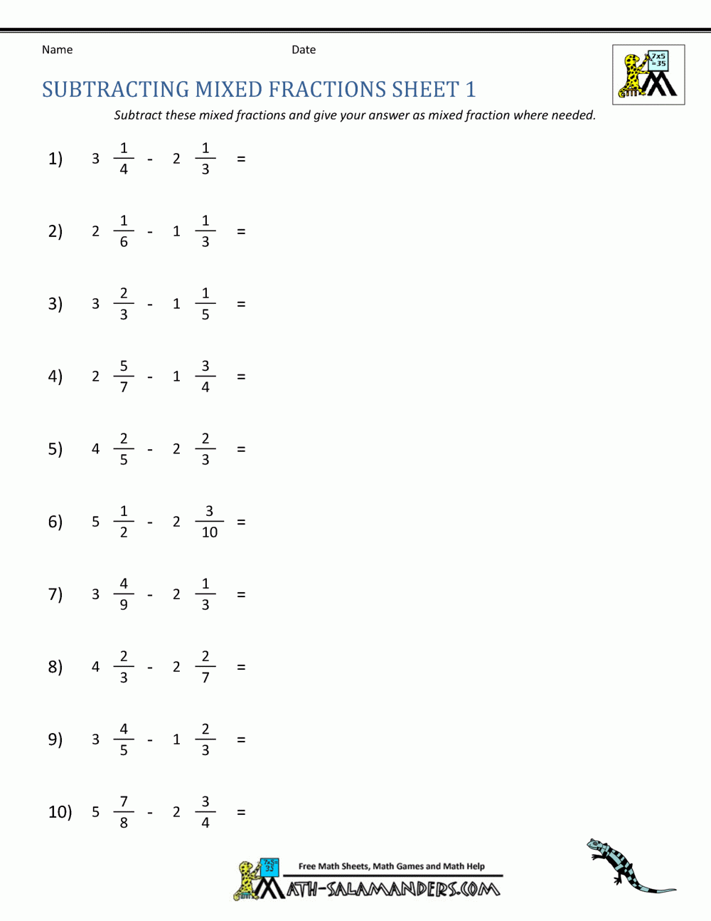 Subtraction Of Mixed Fractions Worksheets