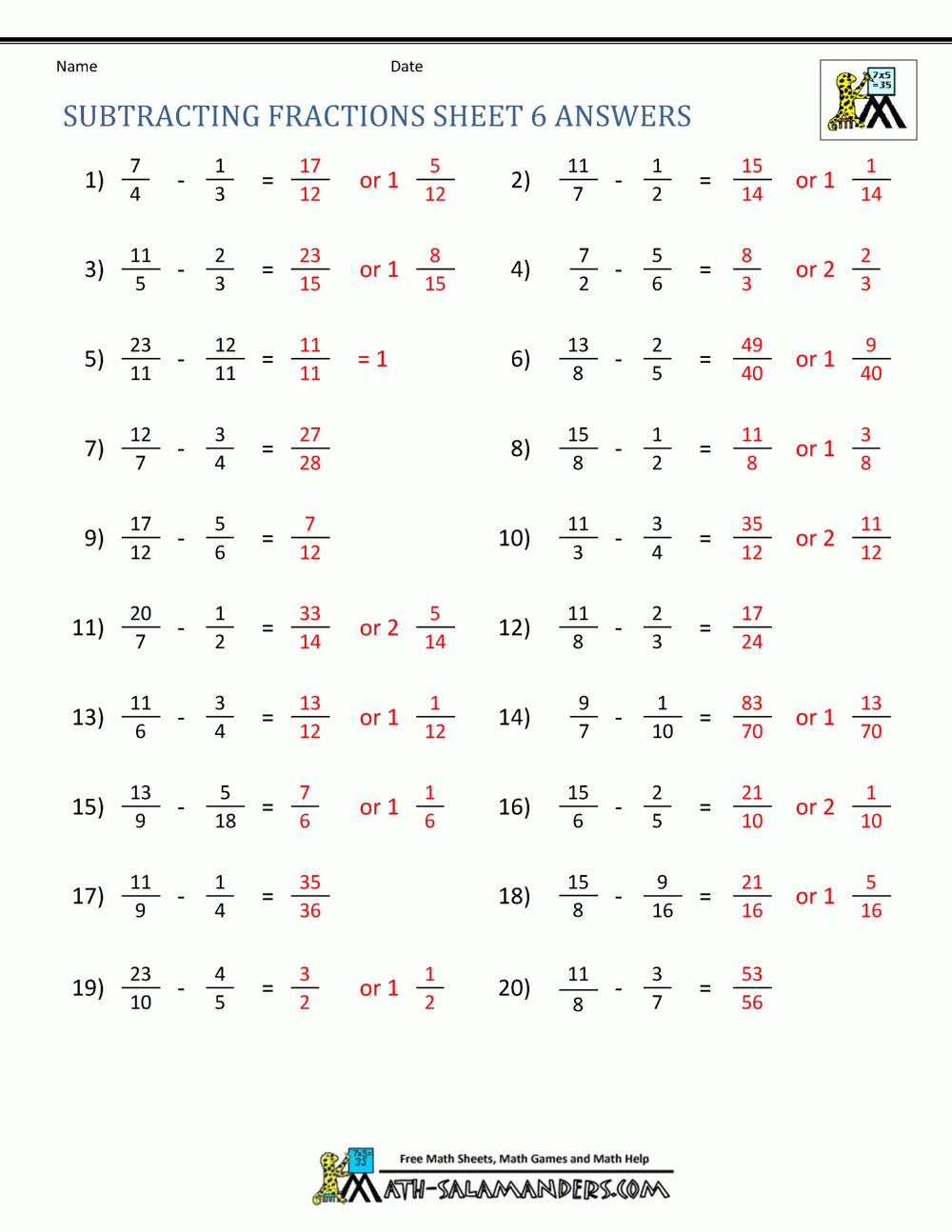 6th Grade Subtracting Fractions Worksheets