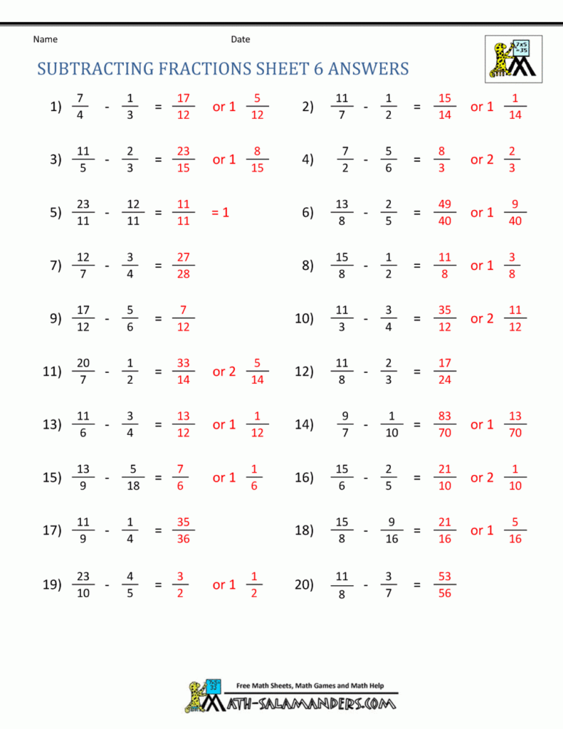 Subtracting Fractions Worksheets Grade 6 Worksheets Free Download