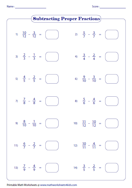 Subtracting Proper Fractions Worksheet