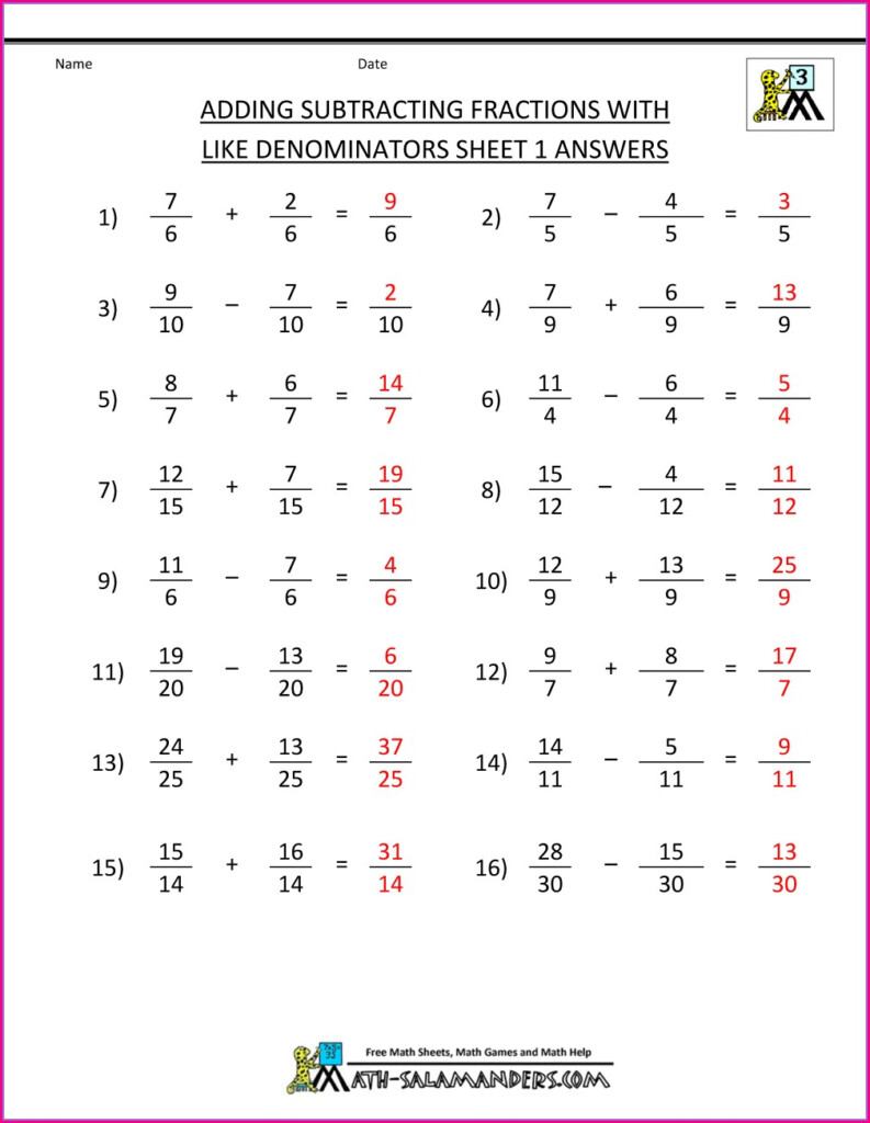 Subtracting Mixed Numbers With Unlike Denominators Worksheet With 