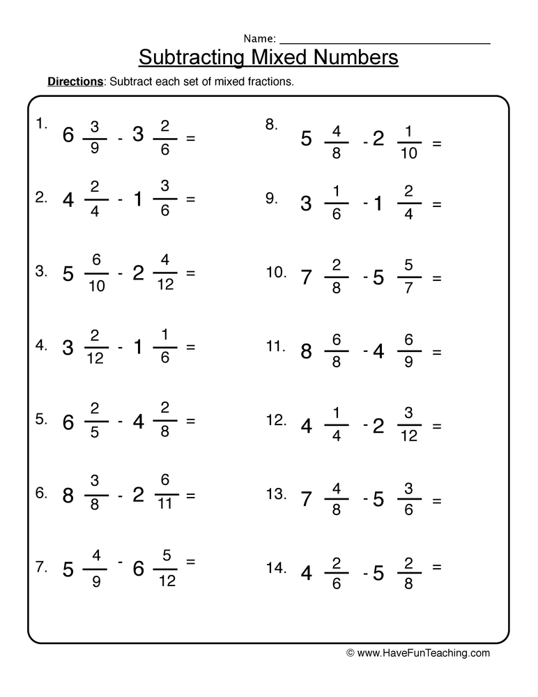 Subtracting Whole Numbers From Mixed Fractions Worksheet