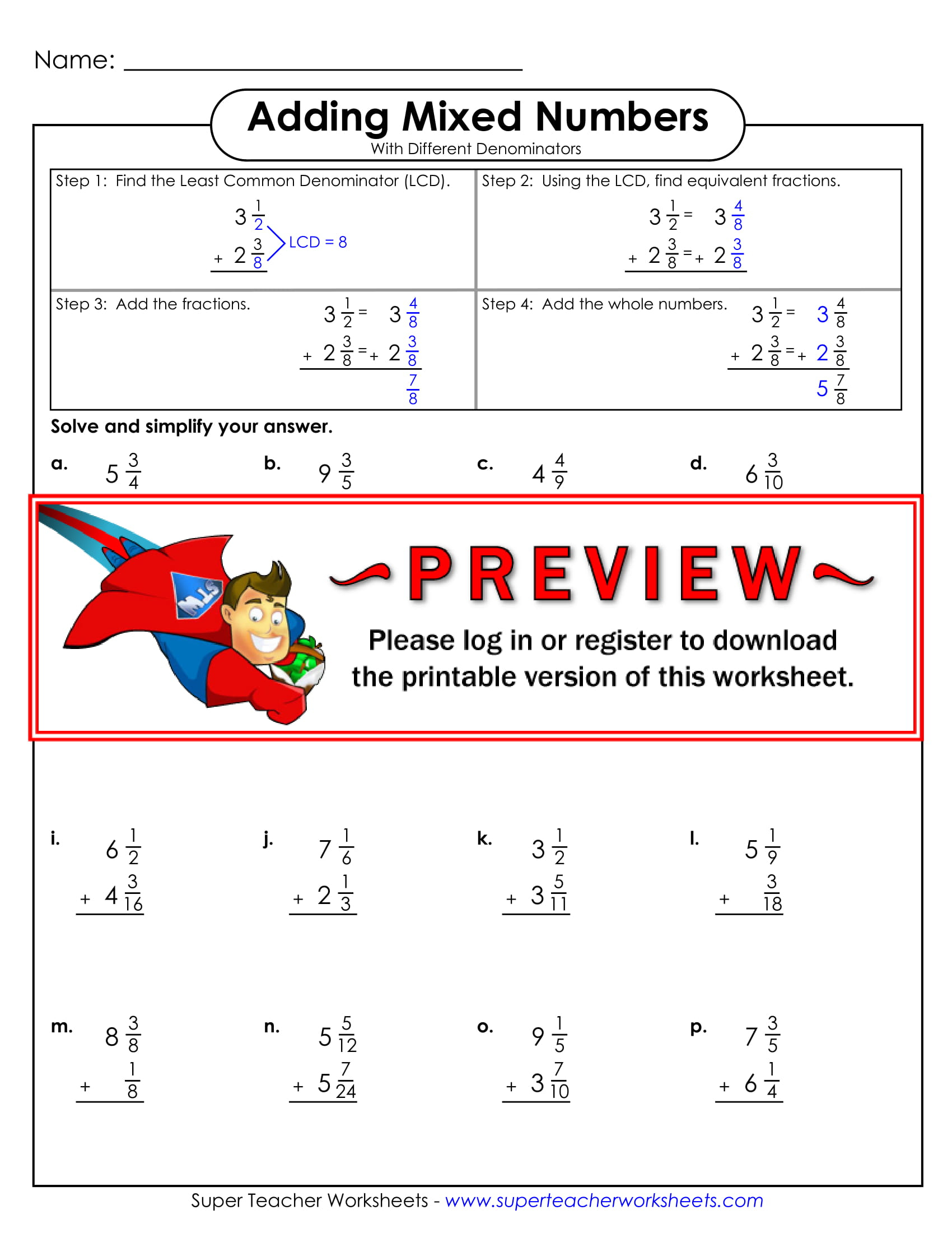 Super Teacher Worksheets Mixed Fractions Number Line Answers Fraction