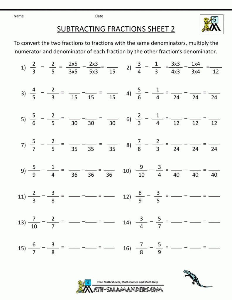 Super Teacher Worksheets Subtracting Fractions With Unlike Denominators 