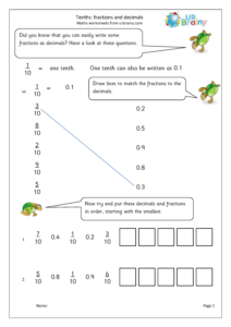 Tenths Fractions As Decimals Fraction Worksheets For Year 3 age 7 8