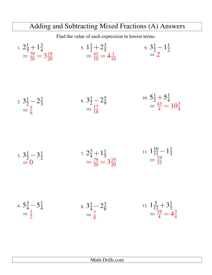 Adding And Subtracting Mixed Fractions Worksheets Tes