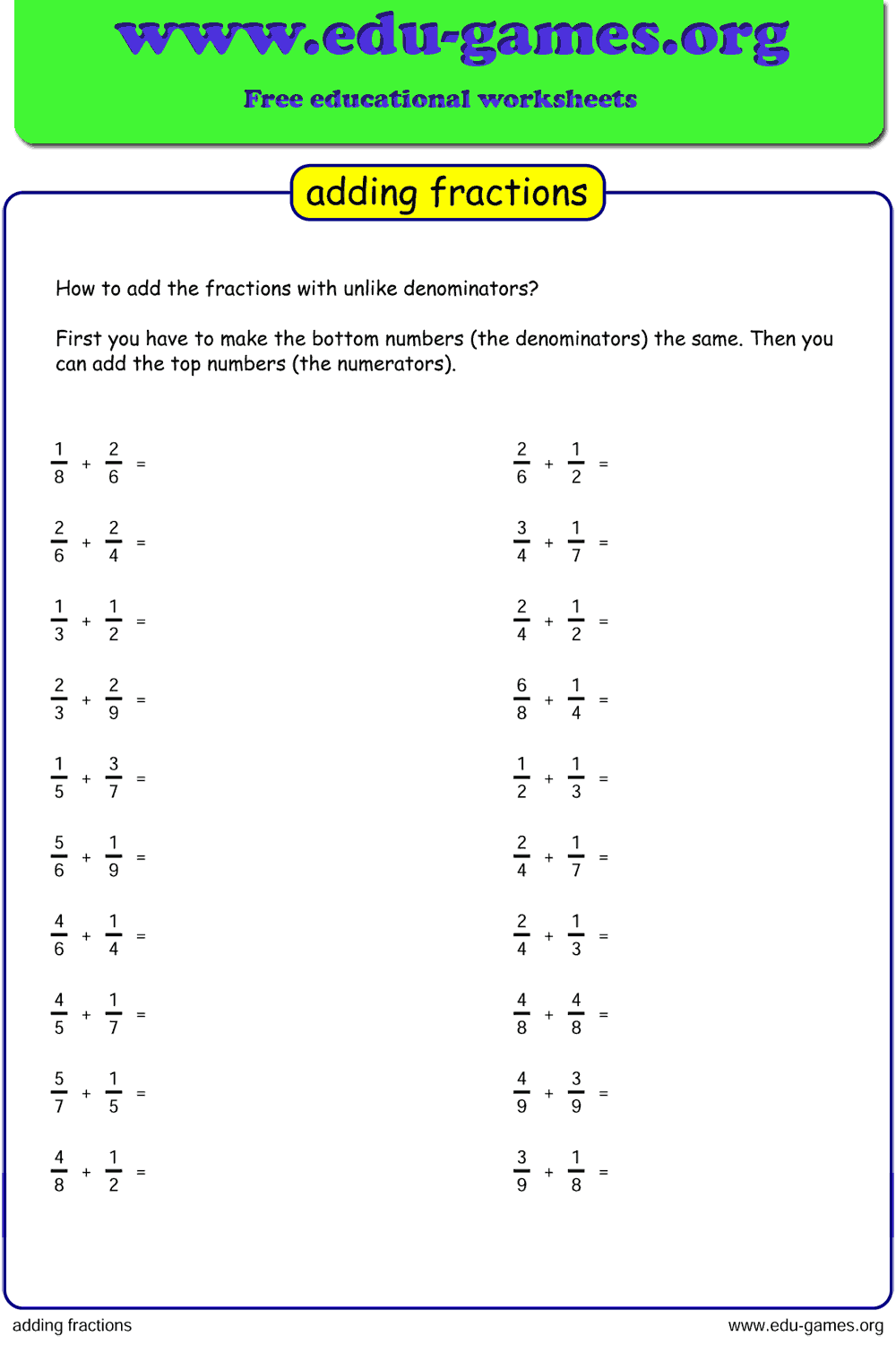 Adding Fractions Worksheet Generator