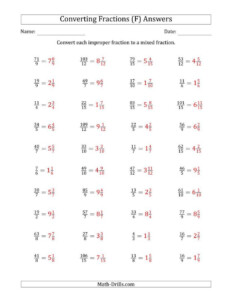 The Converting Improper Fractions To Mixed Fractions F Math Worksheet