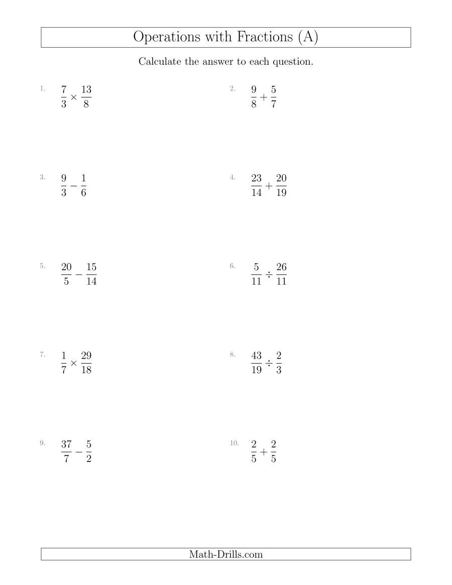 The Mixed Operations With Two Fractions Including Improper Fractions A