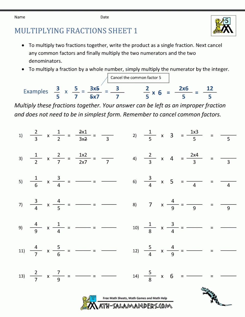 5th Grade Math Worksheets Multiplying Fractions