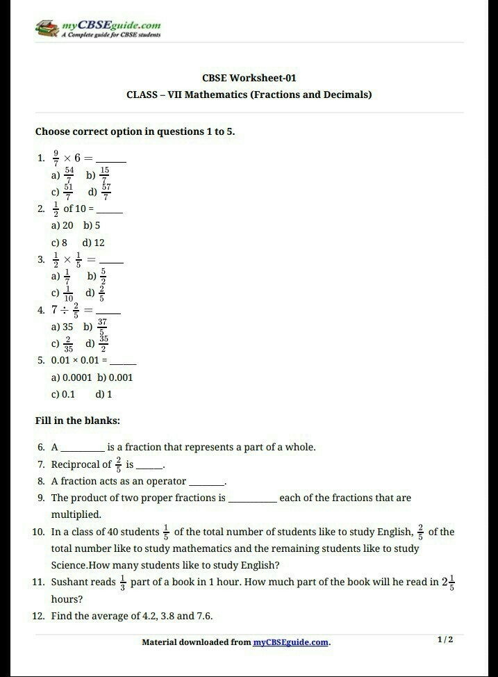 Fractions And Decimals Class 7 Worksheet