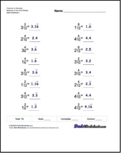 Write Each Fraction Or Mixed Number As A Decimal Worksheet Worksheets