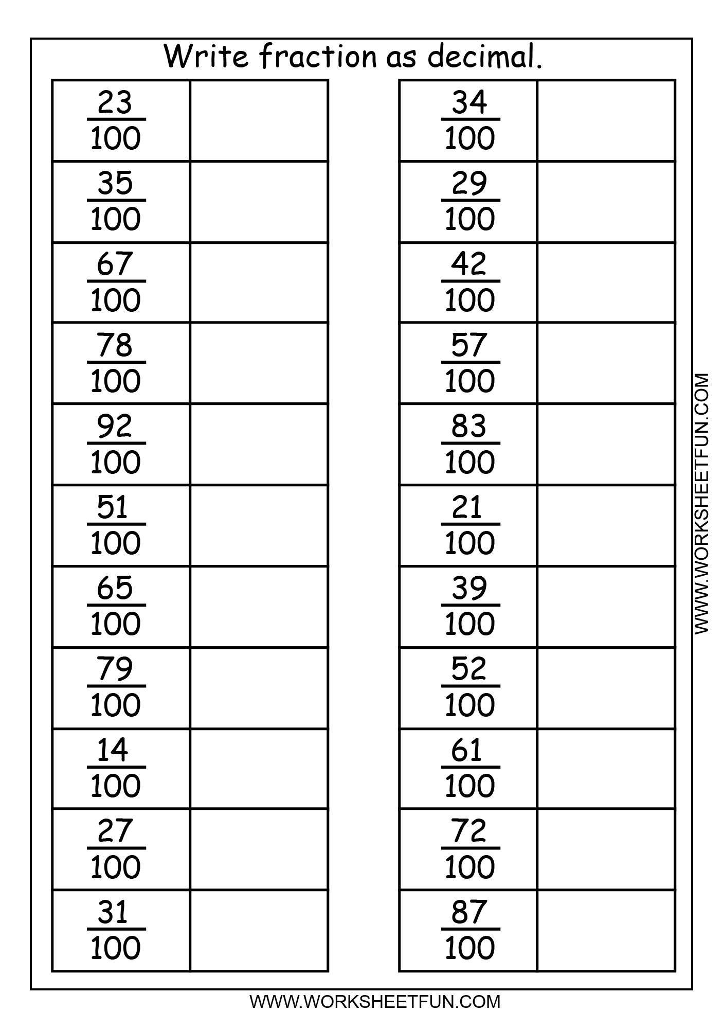 Write Fraction As Decimal Worksheet