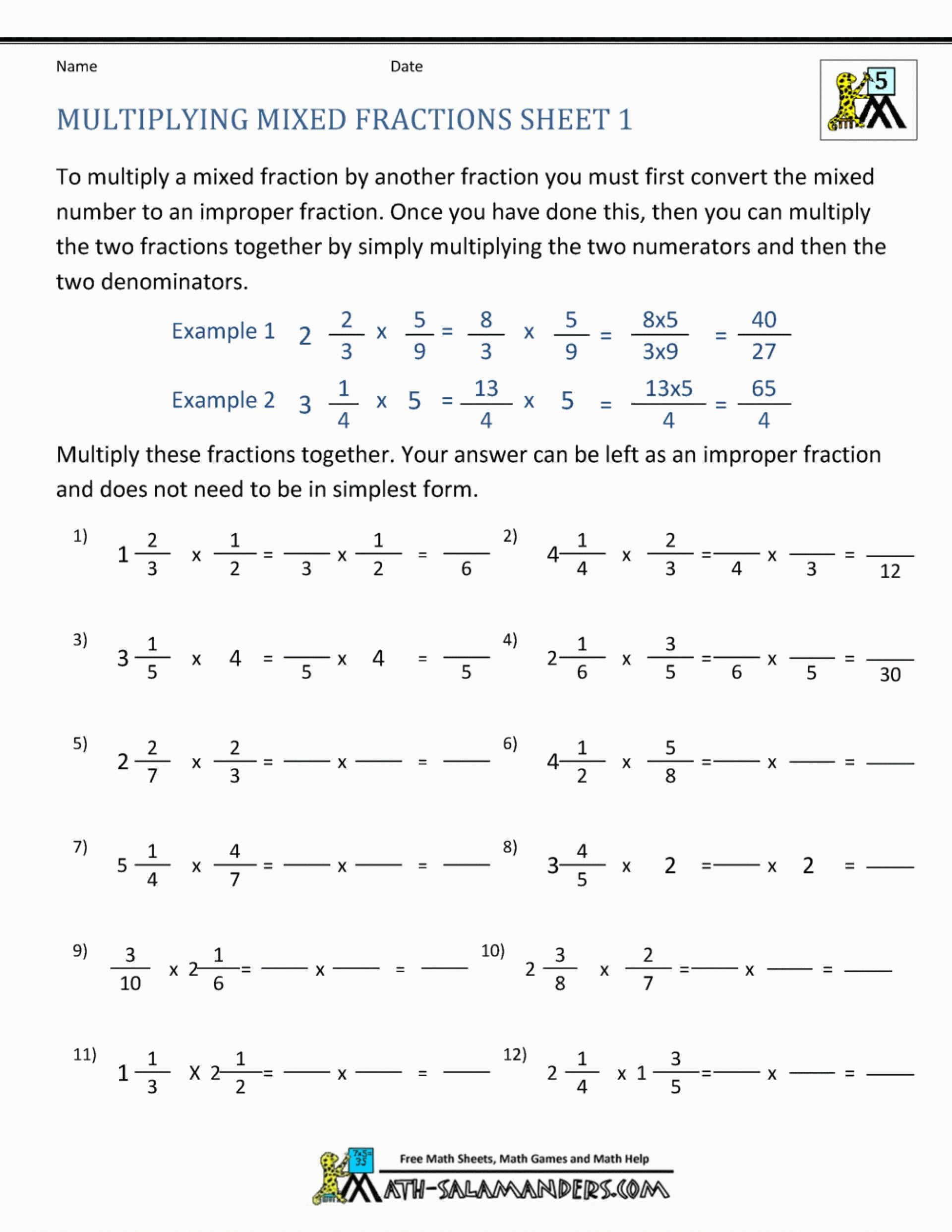 Write Improper Fraction As A Mixed Number Worksheet