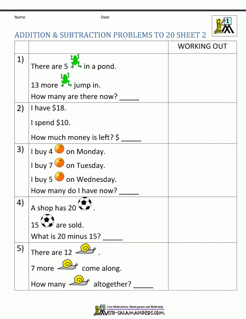 1St Grade Addition And Subtraction Word Problems Db excel