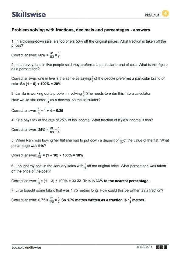 Fraction Decimal Percent Word Problems Worksheet