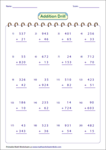 3 Digit Addition Worksheets