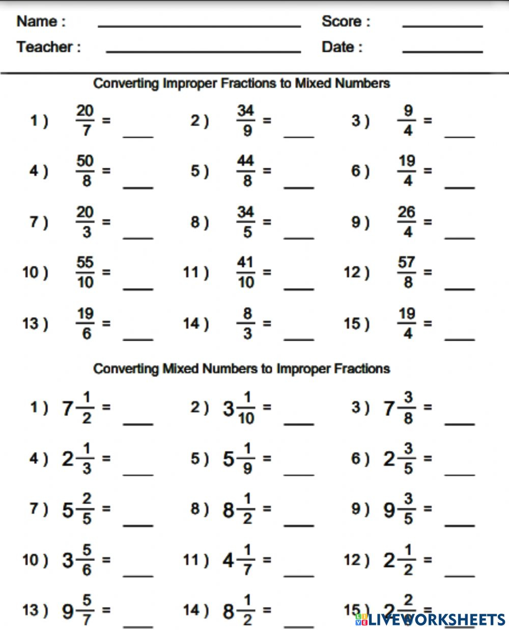 Changing Improper Fraction To Mixed Number And Vice Versa Worksheet