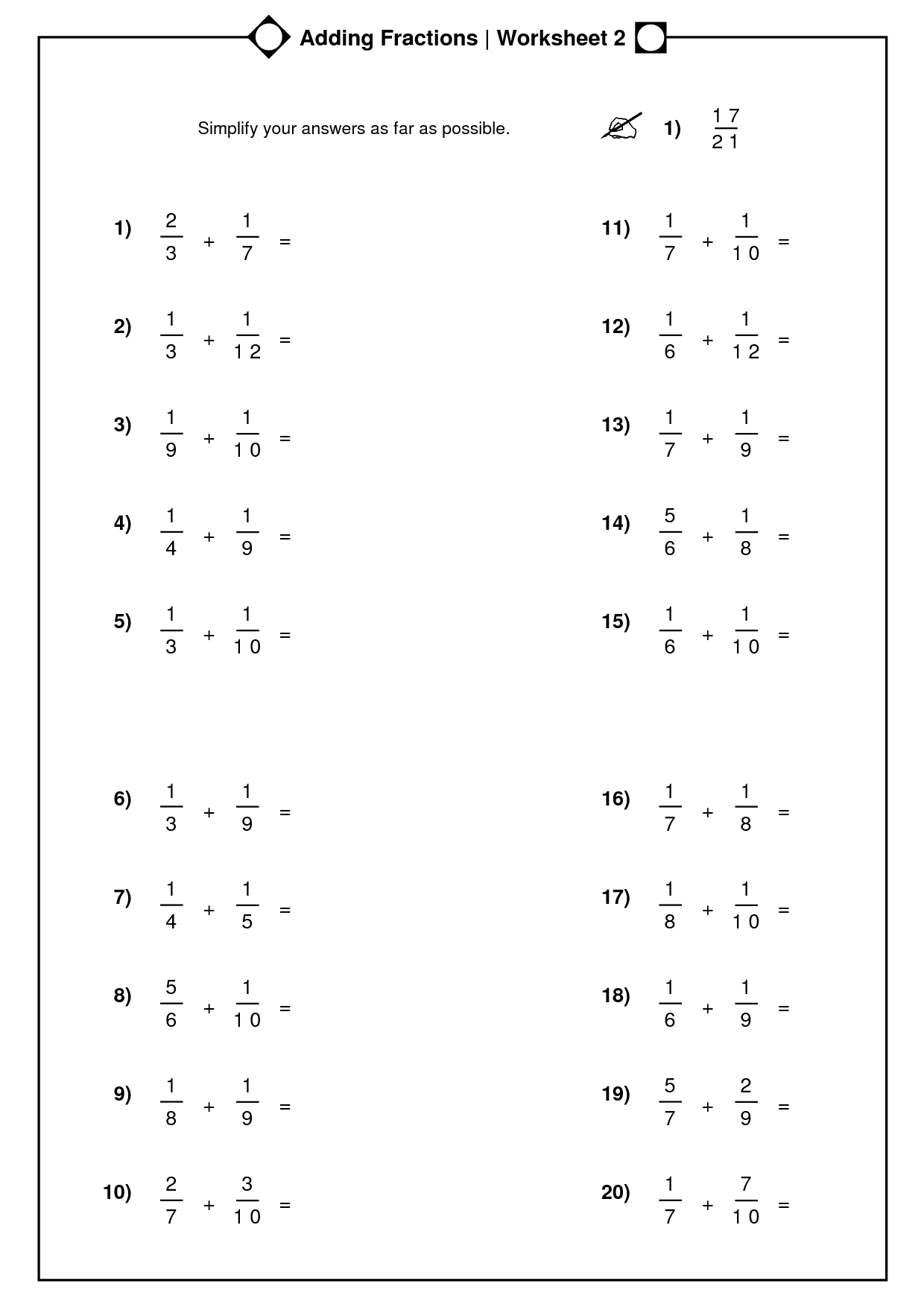 Adding And Subtracting Fractions With Unlike Denominators Worksheets